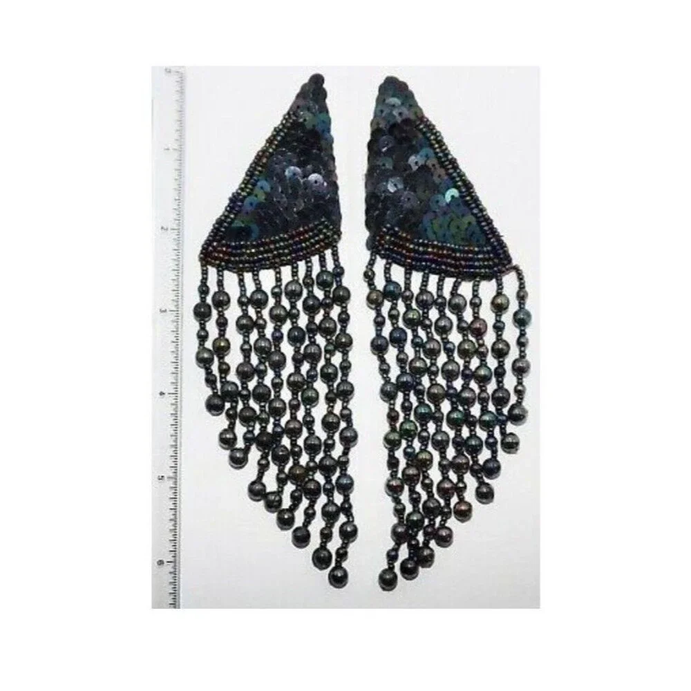Vintage 80s Glass Beaded Iridescent Peacock Fringe Statement Runway Earrings 6